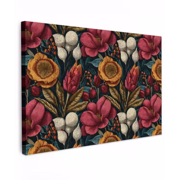 Bloemen - Patroon - Rood - Goud canvas 2cm klein 34 -z3d