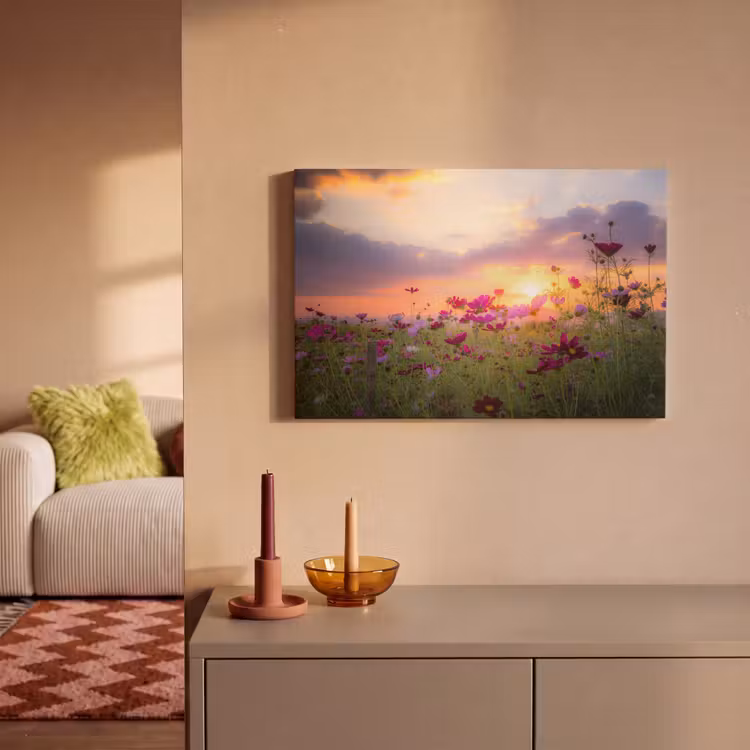 Bloemen - Roze - Zonsondergang - Natuur - Weide - Horizon canvas 2cm klein -sfeer1