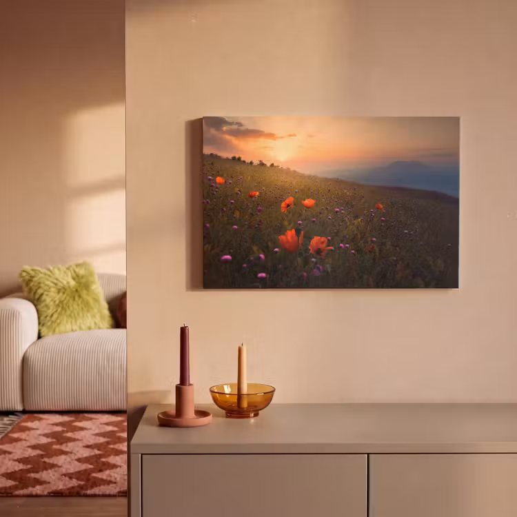 Bloemenveld - Gras - Bloemen - Planten - Zonsondergang - Oranje canvas 2cm klein -sfeer1