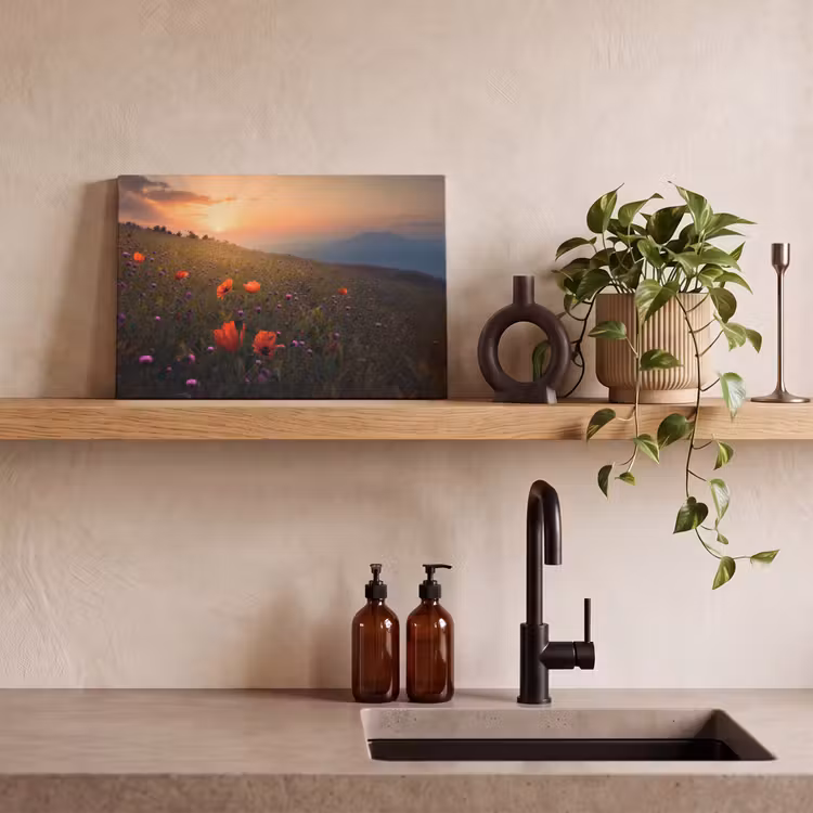 Bloemenveld - Gras - Bloemen - Planten - Zonsondergang - Oranje canvas 2cm klein -sfeer3