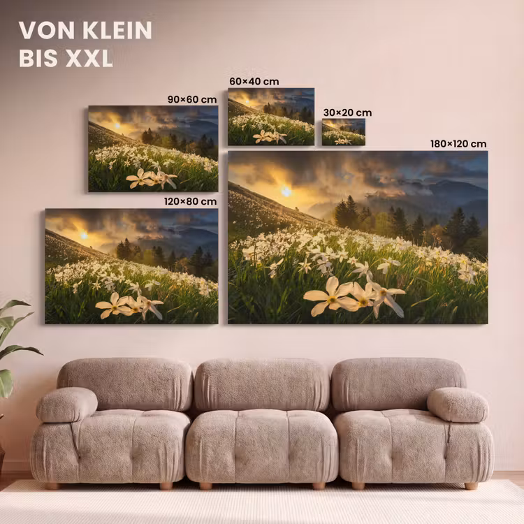 Bloemenveld - Heuvels - Zonsondergang - Berg - Natuur - Wit - Heuvels canvas 2cm klein -Xsfeer8_DE