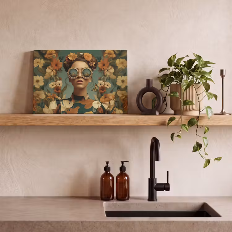 Bloemenkrans - Vrouwengezicht - Zonnebril - Oranje canvas 2cm klein -sfeer3