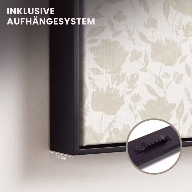 Bloemenpatroon - Silhouet - Wit Canvas met baklijst klein 1125 -closeup_ophangsysteem_DE