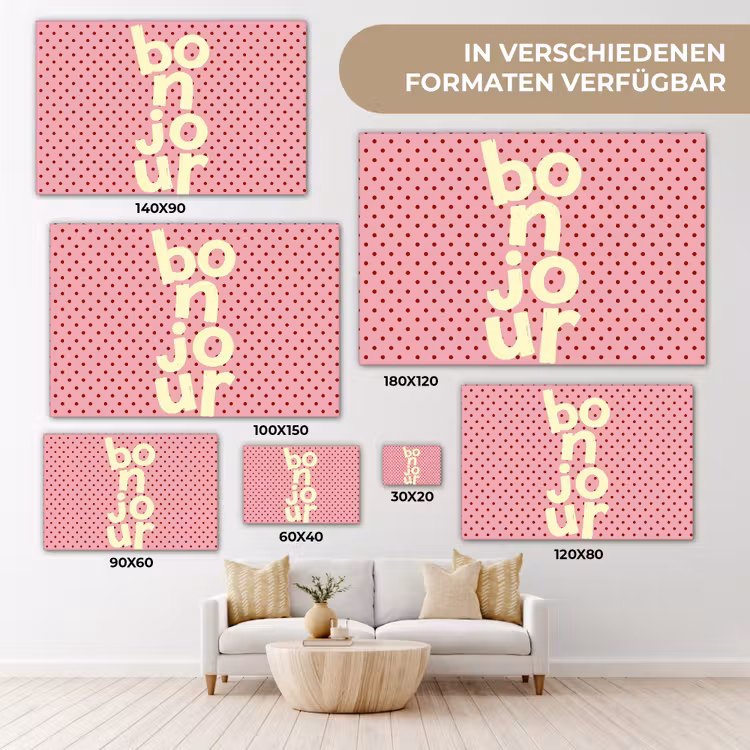 Bonjour - Stippen - Roze- Geel canvas 2cm klein -Xsfeer8_DE