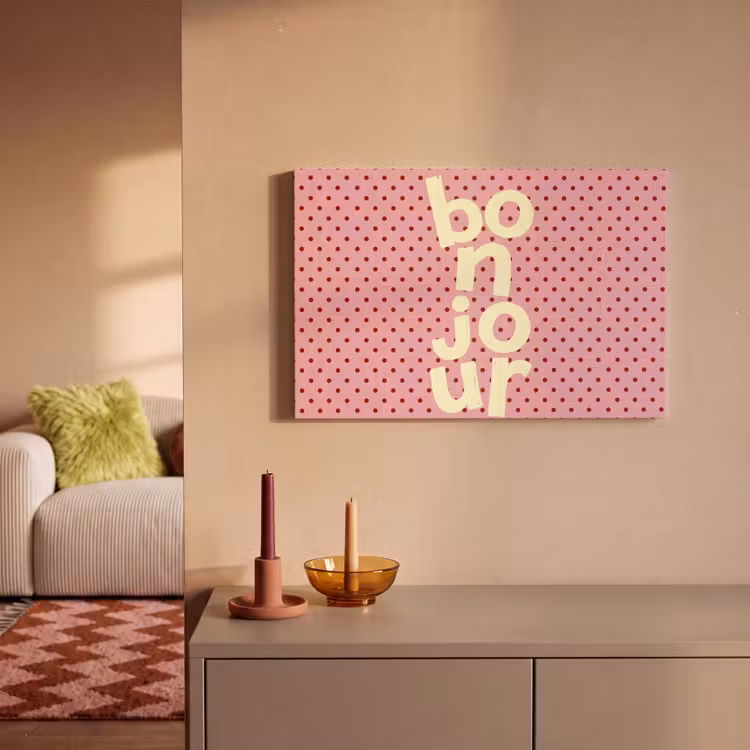 Bonjour - Stippen - Roze- Geel canvas 2cm klein -sfeer1
