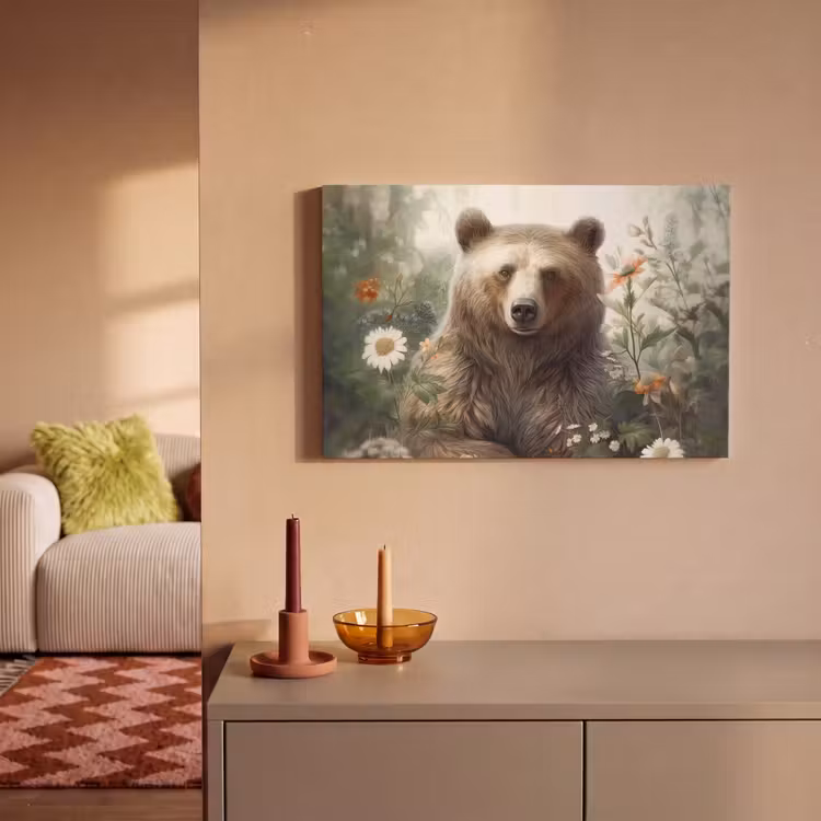 Bruine beer - Wilde dieren - Bloemen - Planten canvas 2cm klein -sfeer1