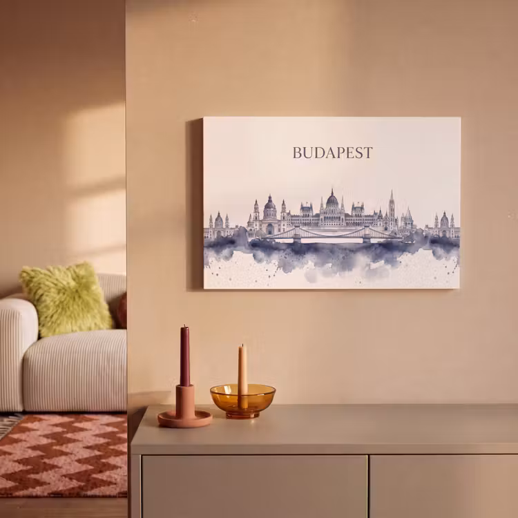 Boedapest - Skyline - Architectuur - Aquarel - Blauw canvas 2cm klein -sfeer1