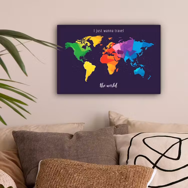 Kleurrijk - Wereldkaart - Travel - Quote canvas 2cm klein -sfeer1