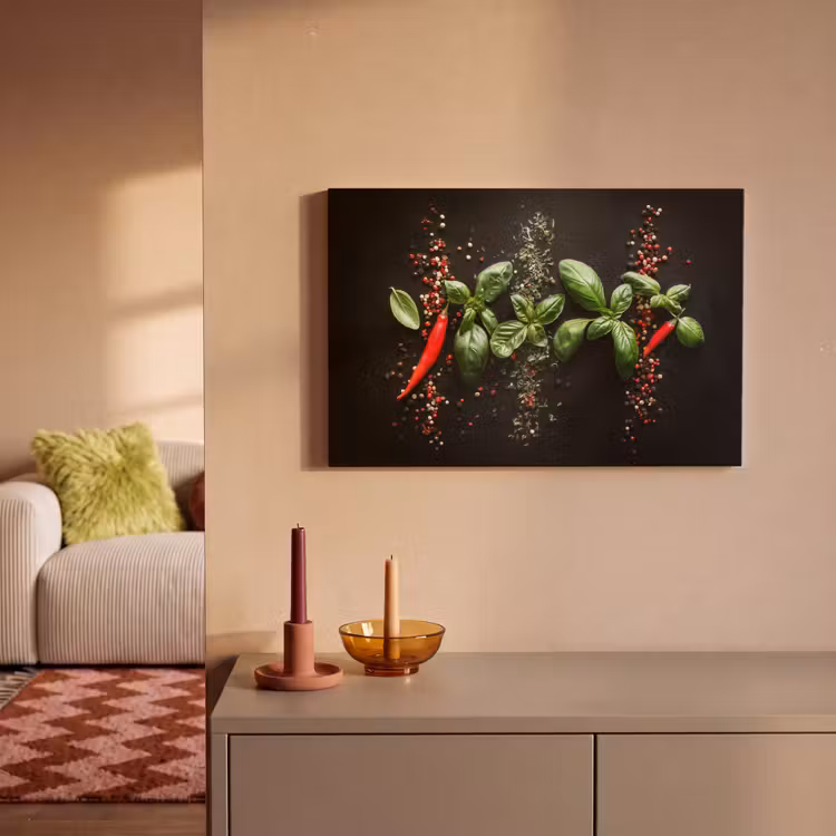 Chilipepers - Basilicum - Blaadjes - Rood canvas 2cm klein -sfeer1