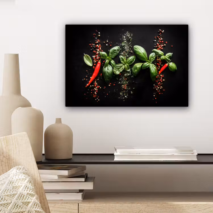 Chilipepers - Basilicum - Blaadjes - Rood canvas 2cm klein -closeup_print_DE