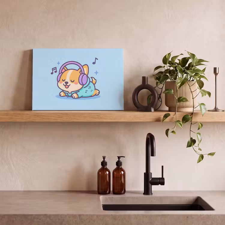Corgi - Koptelefoon - Blauw - Muzieknoten canvas 2cm klein -sfeer3