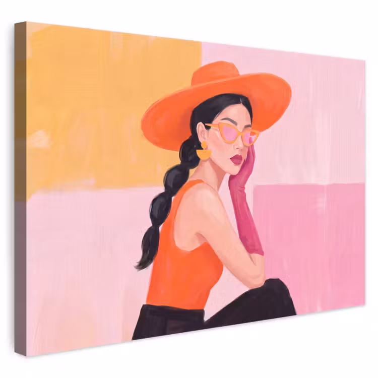Vrouw - Hoed - Mode - Modern - Oranje canvas 2cm klein -3d
