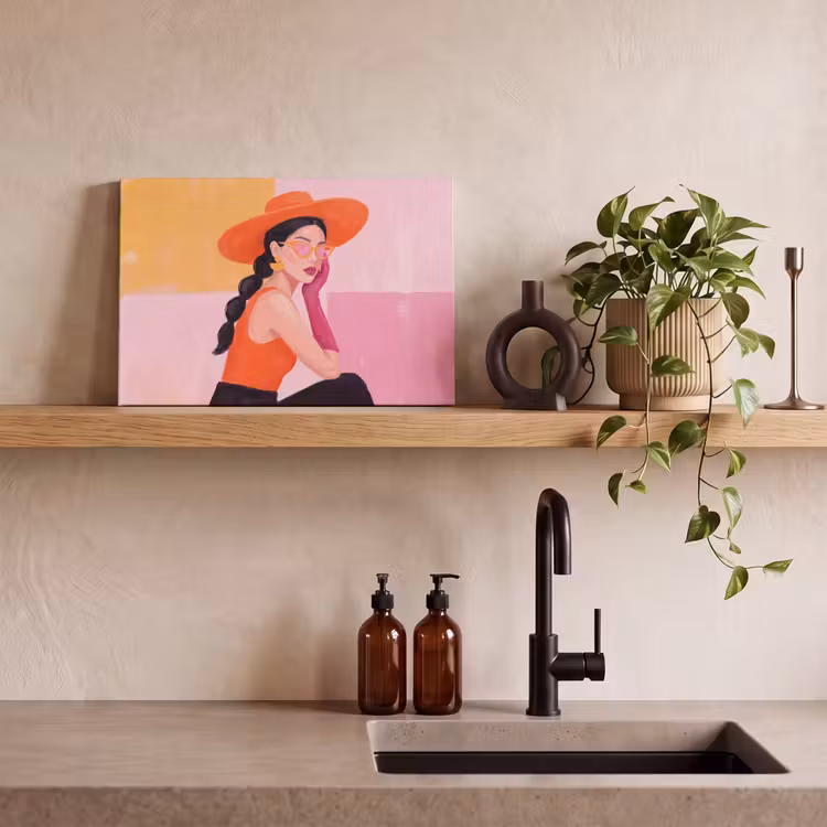 Vrouw - Hoed - Mode - Modern - Oranje canvas 2cm klein -sfeer3