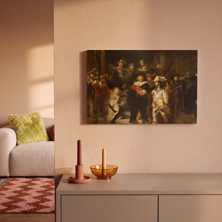 De Nachtwacht - Schilderij van Rembrandt van Rijn canvas 2cm klein -sfeer1