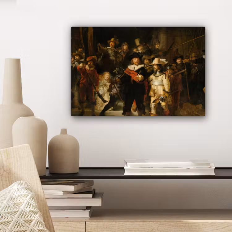 De Nachtwacht - Schilderij van Rembrandt van Rijn canvas 2cm klein -sfeer6