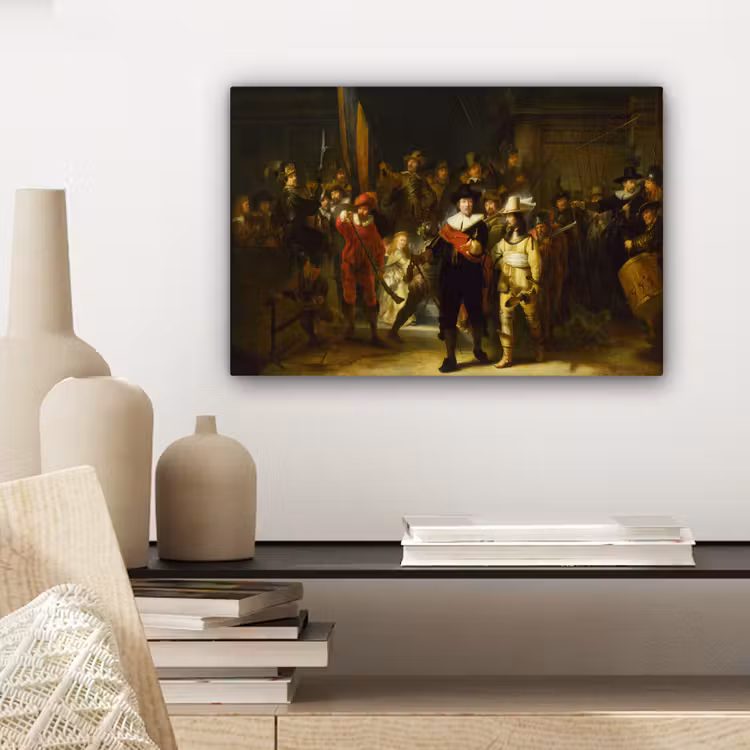 De Nachtwacht - Rembrandt van Rijn canvas 2cm klein -sfeer6