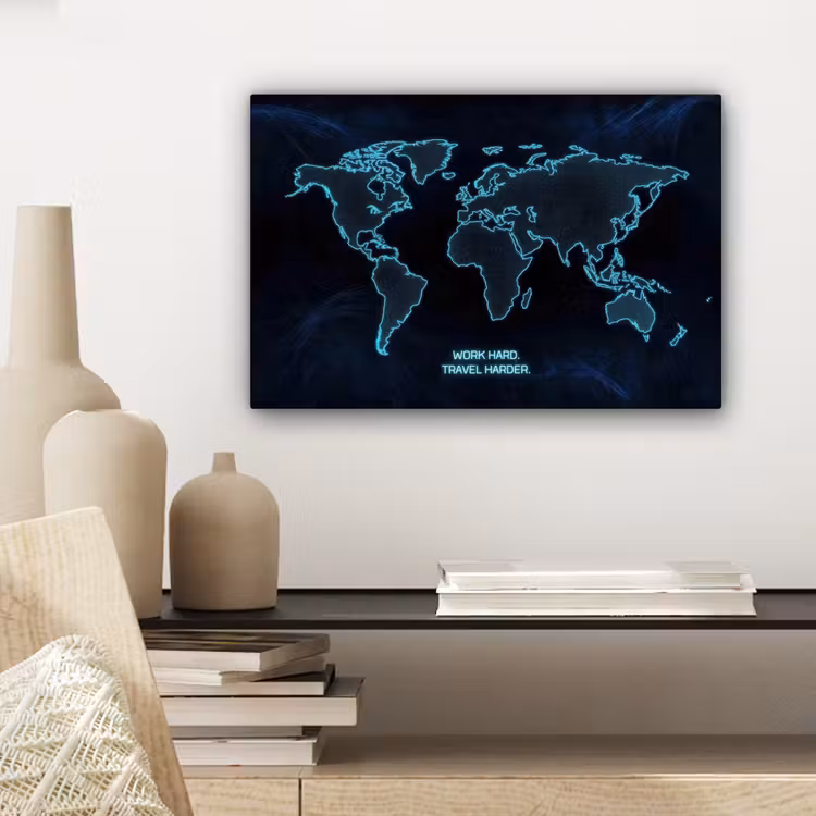Digitaal - Wereldkaart - Blauw - Quote canvas 2cm klein -sfeer6
