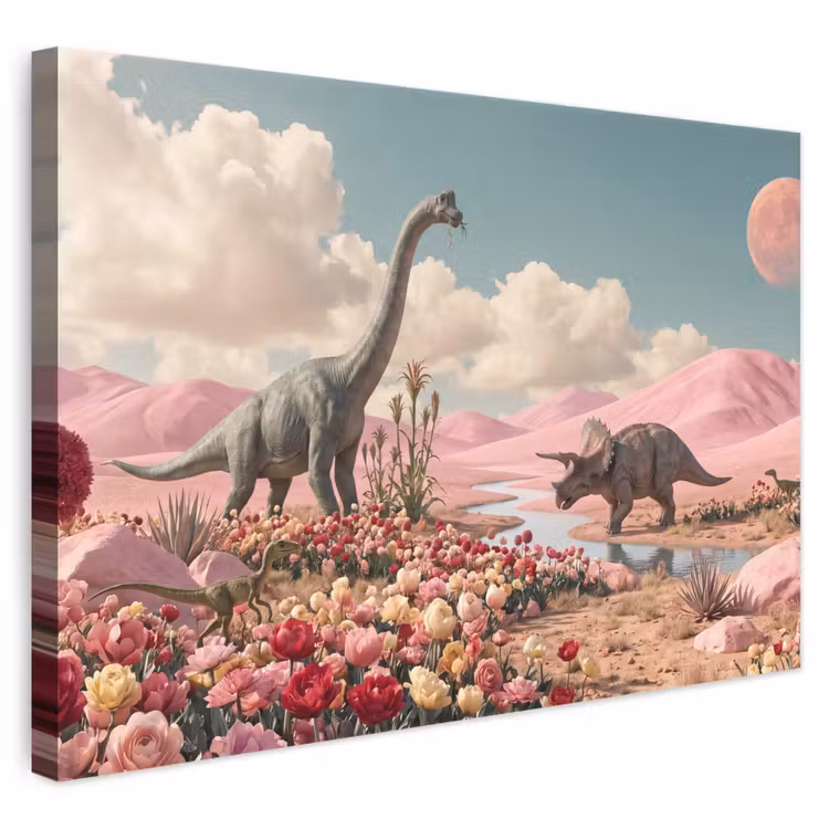 Leinwandbild - Dinosaurier – Rosa – Landschaft - Dinosaurus - Roze - Landschap canvas 2cm klein