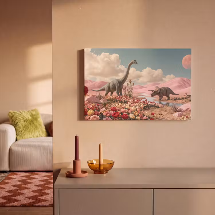 Leinwandbild - Dinosaurier – Rosa – Landschaft - Dinosaurus - Roze - Landschap canvas 2cm klein