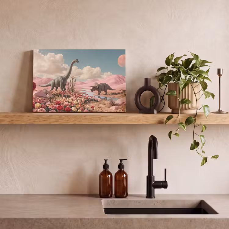 Leinwandbild - Dinosaurier – Rosa – Landschaft - Dinosaurus - Roze - Landschap canvas 2cm klein