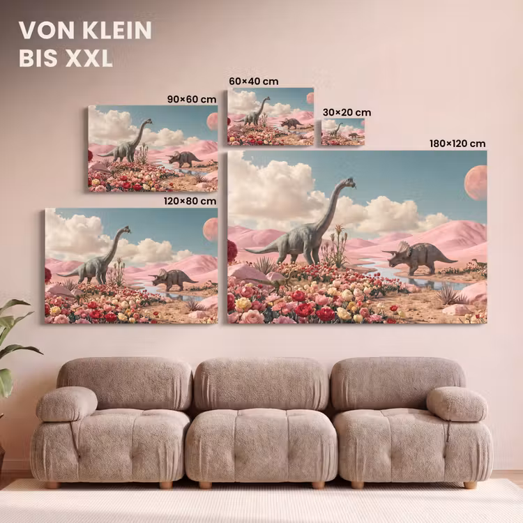 Leinwandbild - Dinosaurier – Rosa – Landschaft - Dinosaurus - Roze - Landschap canvas 2cm klein