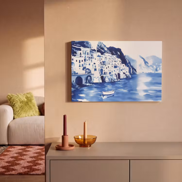 Dorp - Rotswand - Roeiboot - Water canvas 2cm klein -sfeer1