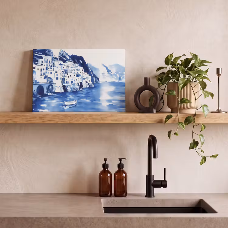 Dorp - Rotswand - Roeiboot - Water canvas 2cm klein -sfeer3