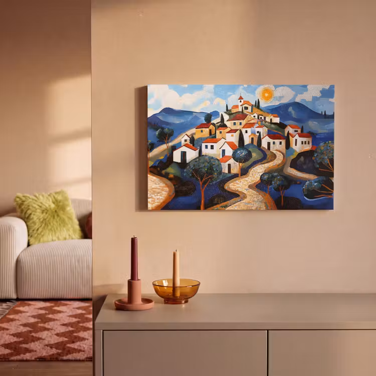 Dorp - Heuvelachtig - Zon - Mozaïek canvas 2cm klein -sfeer1