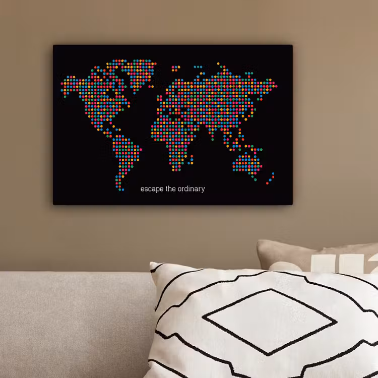 Stippen - Wereldkaart - Kleurrijk canvas 2cm klein -sfeer3
