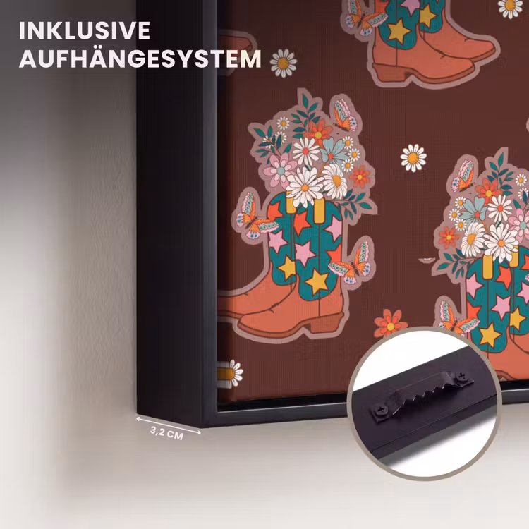 Donker - Cowboy - Laars - Patroon Canvas met baklijst klein 1124 -closeup_ophangsysteem_DE