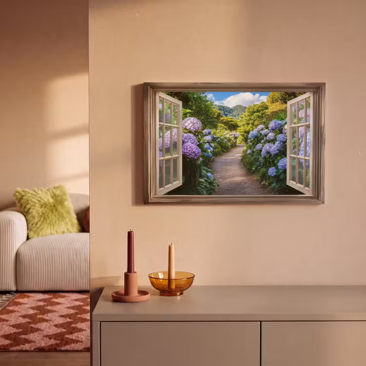 Doorkijk - Hortensia - Pad - Natuur canvas 2cm klein -sfeer1