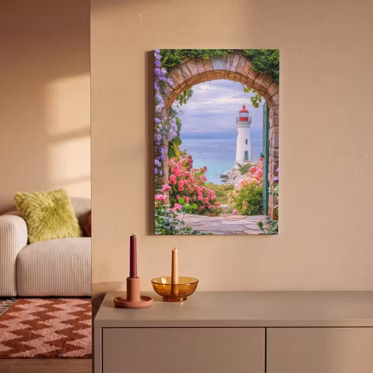 Doorkijk - Vuurtoren - Bloemen - Uitzicht canvas 2cm klein -sfeer1