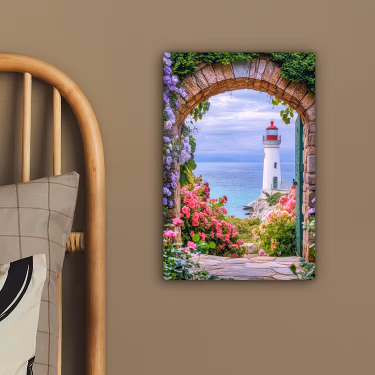 Doorkijk - Vuurtoren - Bloemen - Uitzicht canvas 2cm klein -atmosphere_sfeer3_global