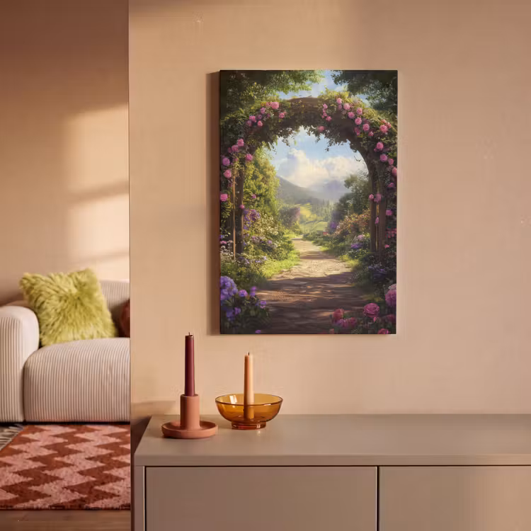 Doorkijk - Rozenboog - Uitzicht - Landschap - Bloemen canvas 2cm klein -sfeer1