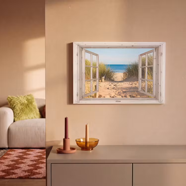Doorkijk - Strand - Zee - Duinen - Zand - Water - Helmgras canvas 2cm klein -sfeer1