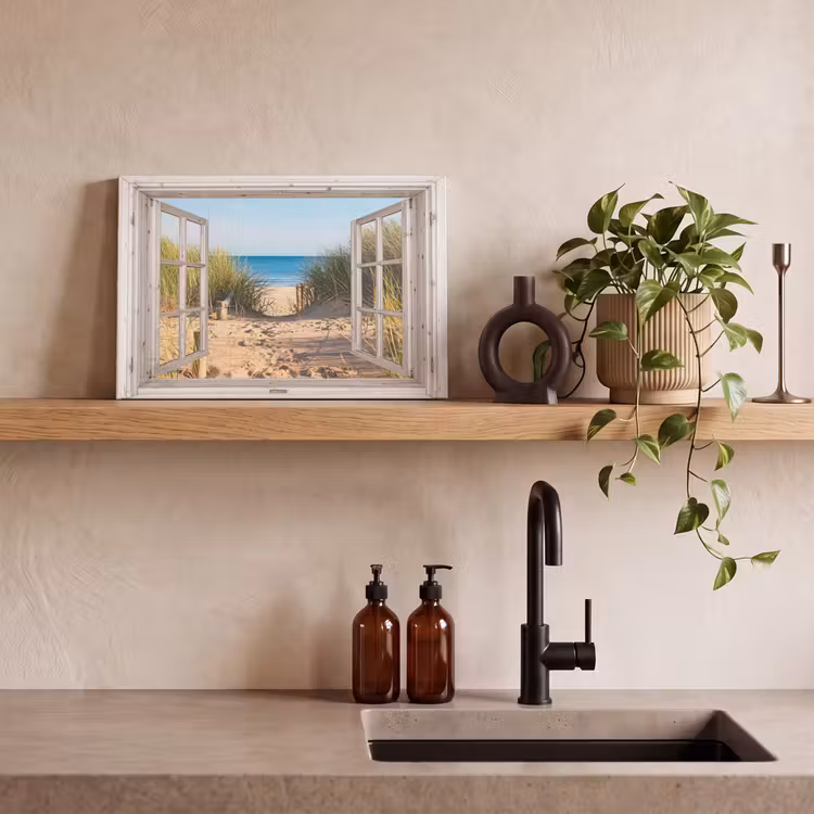 Doorkijk - Strand - Zee - Duinen - Zand - Water - Helmgras canvas 2cm klein -sfeer3