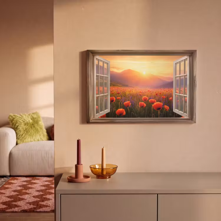 Doorkijk - Klaprozen - Bloemen - Rood - Open raam canvas 2cm klein -sfeer1
