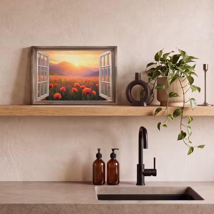 Doorkijk - Klaprozen - Bloemen - Rood - Open raam canvas 2cm klein -sfeer3