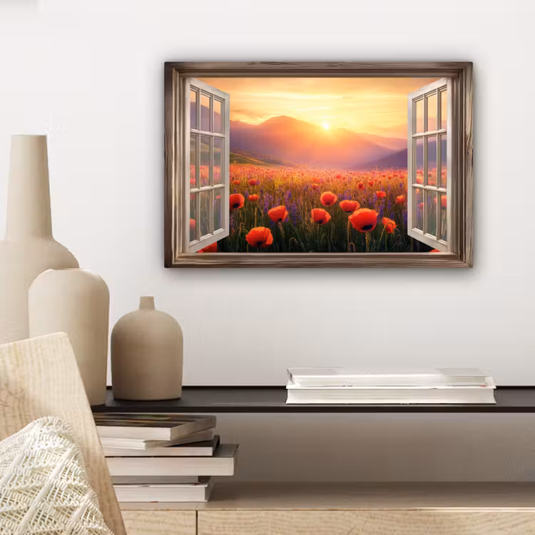 Doorkijk - Klaprozen - Bloemen - Rood - Open raam canvas 2cm klein -sfeer6