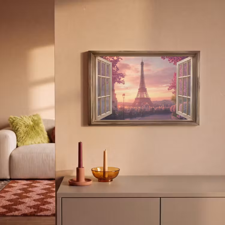 Doorkijk - Parijs - Eiffeltoren - Roze - Kersenbloesem canvas 2cm klein -sfeer1