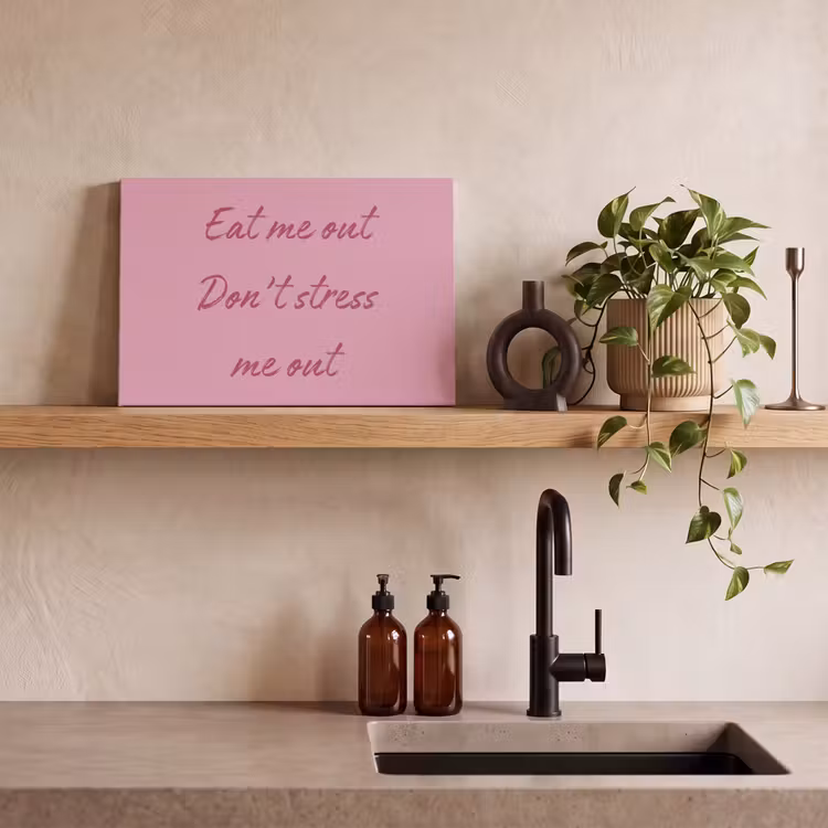 Eat me out don't stress me out - Roze - Handgeschreven canvas 2cm klein -closeup_print_DE