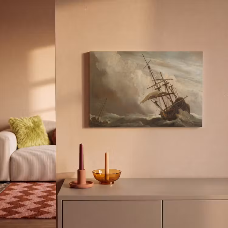 Een schip in volle zee bij vliegende storm - Schilderij van Willem van de Velde canvas 2cm klein -sfeer1