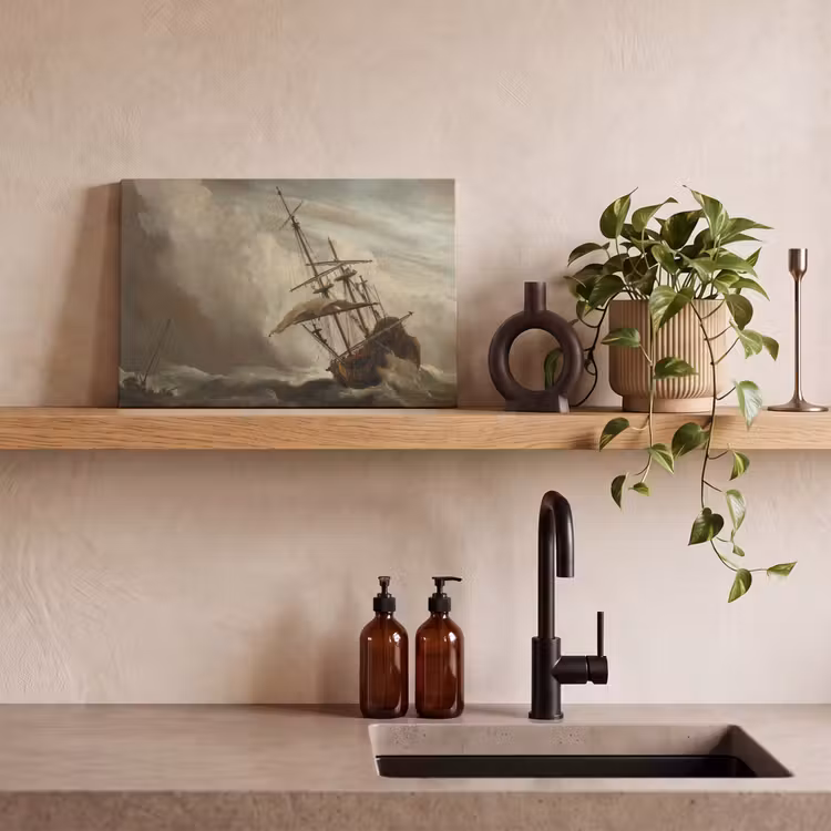 Een schip in volle zee bij vliegende storm - Schilderij van Willem van de Velde canvas 2cm klein -sfeer3