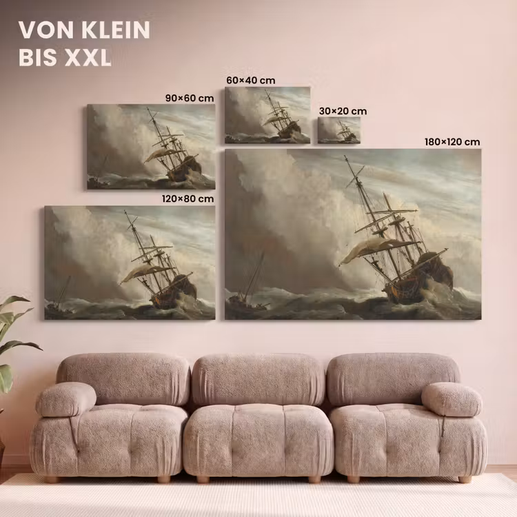 Een schip in volle zee bij vliegende storm - Schilderij van Willem van de Velde canvas 2cm klein -Xsfeer8_DE