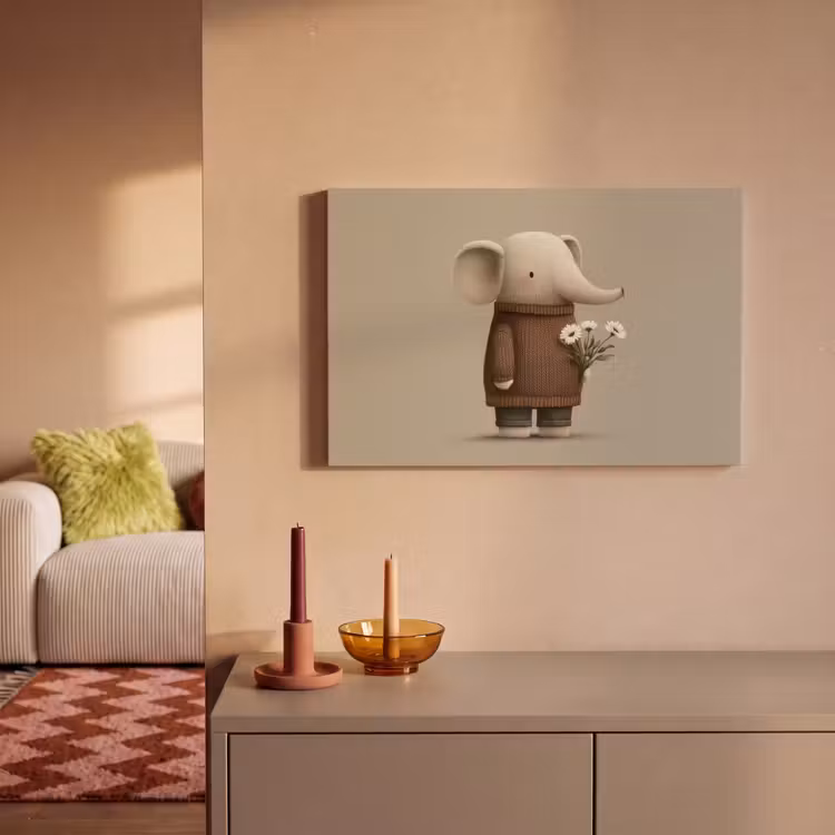 Olifant - Witte bloemen - Kindvriendelijk canvas 2cm klein -sfeer1