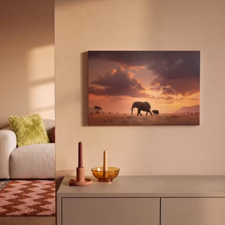 Olifanten - Grasland - Zonsondergang canvas 2cm klein -sfeer1