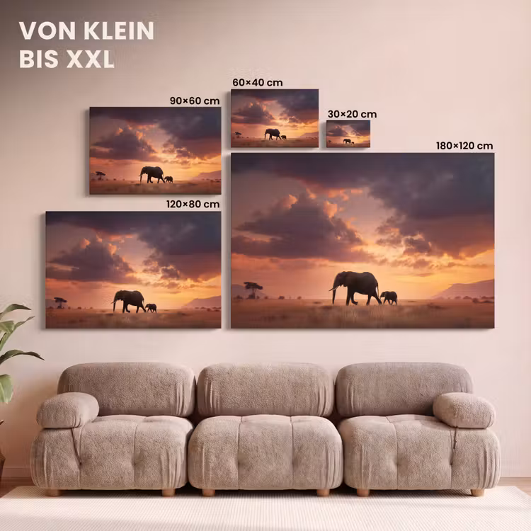 Olifanten - Grasland - Zonsondergang canvas 2cm klein -Xsfeer8_DE