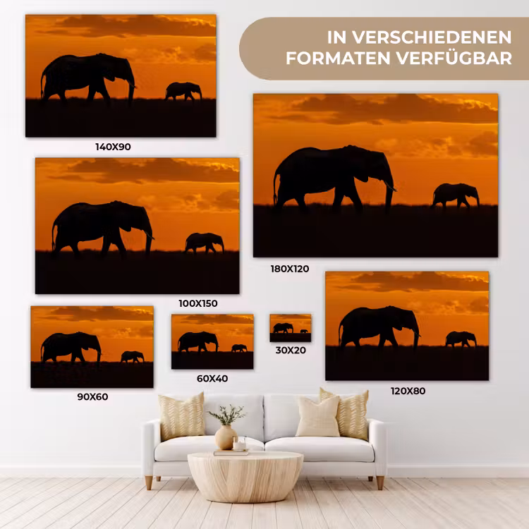 Olifanten - Savanne - Zonsondergang canvas 2cm klein -Xsfeer8_DE