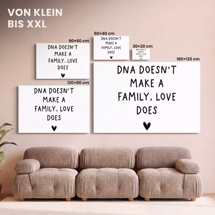 Engelse quote "DNA doesn't make a family, love does" met een hartje op een witte achtergrond canvas 2cm klein -Xsfeer8_DE