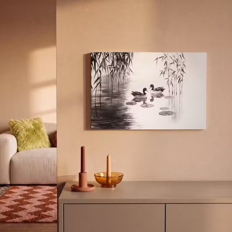 Eenden - Waterlelies - Riet - Zwart canvas 2cm klein -sfeer1